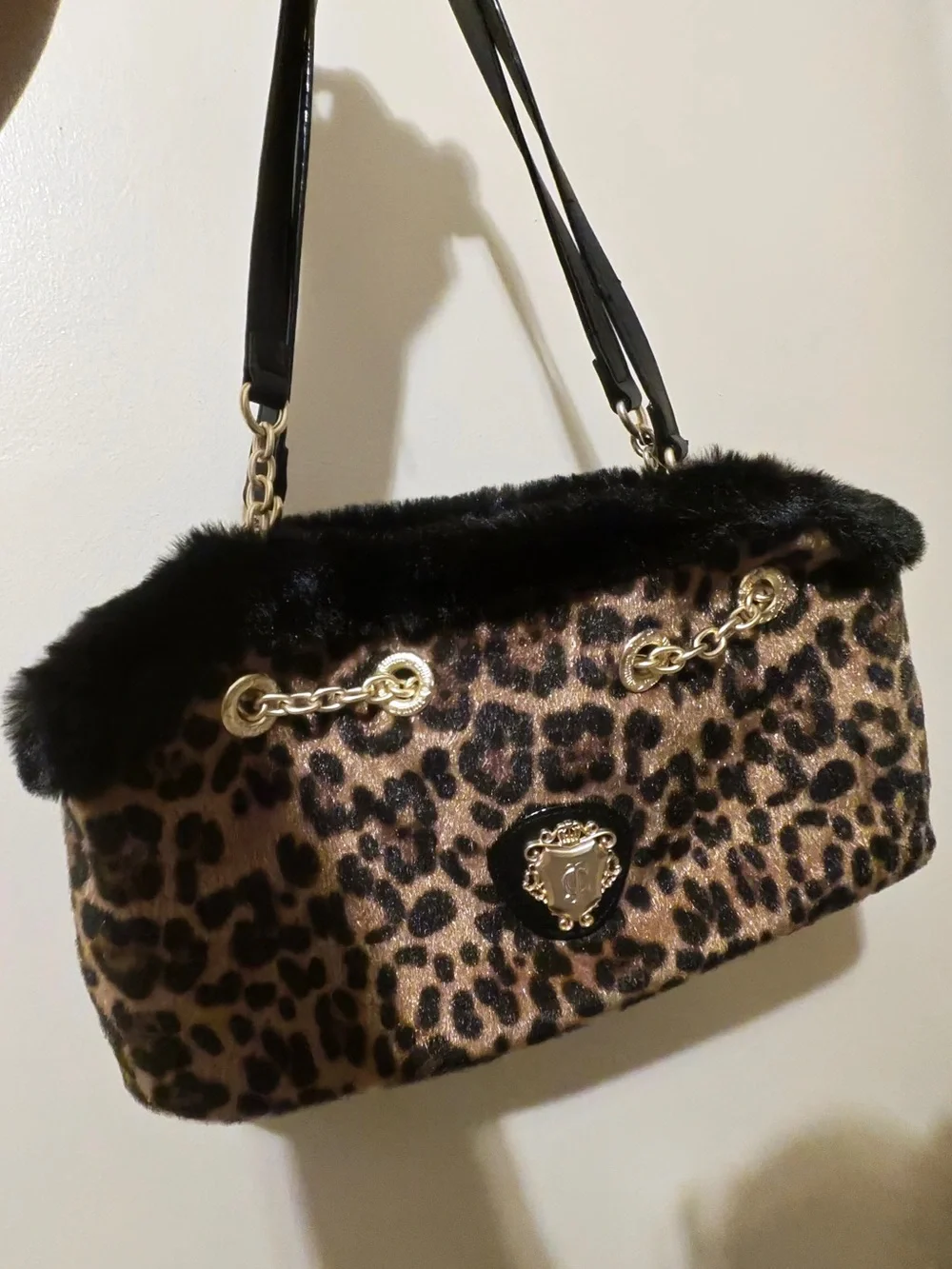 Juicy Couture Glamour Gang Satchel in Natural leopard with black faux fur trim